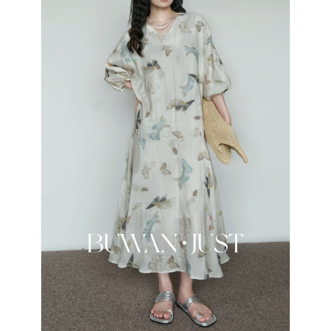 BUWANJUST【雨蝶】满分苎麻数码印花原创蝴蝶轻盈氛围感连衣裙B1503
