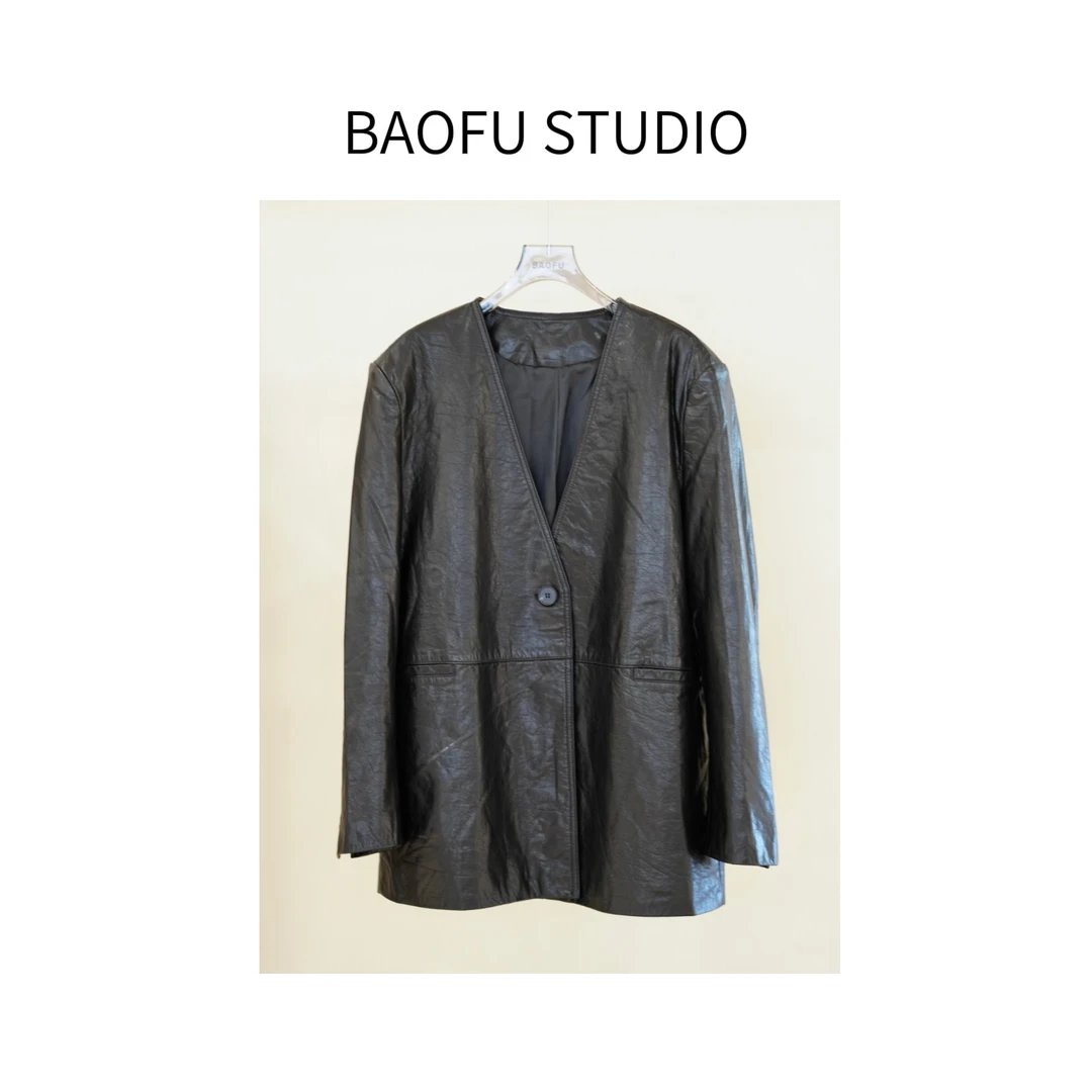 BAOFU studio｜经典V领皮衣黑色时髦酷味廓形羊皮夹克秋冬外套