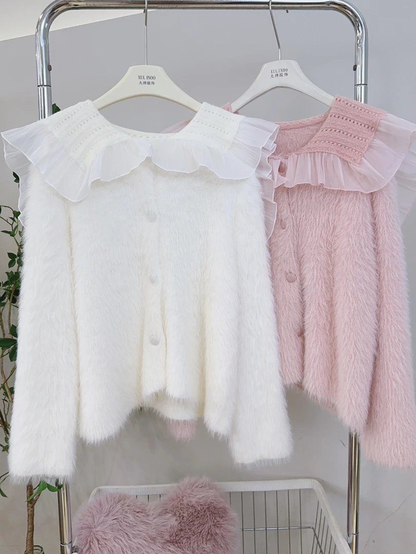 琳心丨早秋新款多色甜美娃娃领蕾丝拼接针织开衫 3110