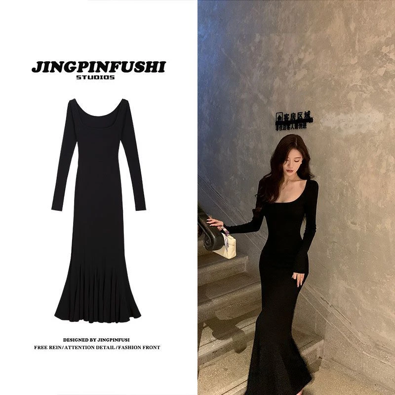 步步生莲长袖鱼尾连衣裙女秋法式气质收腰显瘦修身长裙2024新款