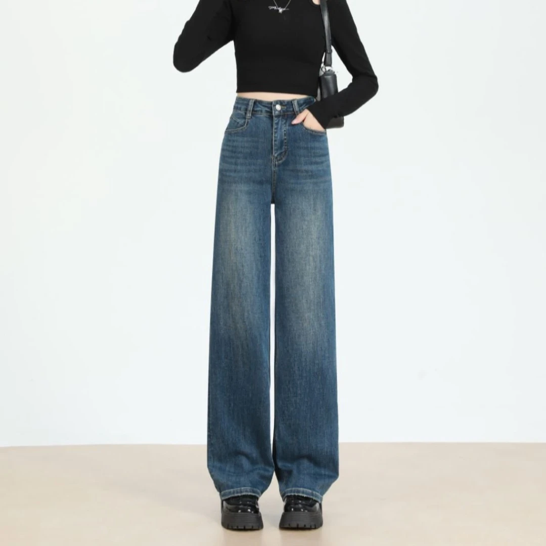 秋季高品质弹力窄版直筒阔腿牛仔裤时尚百搭高个子加长加大女裤