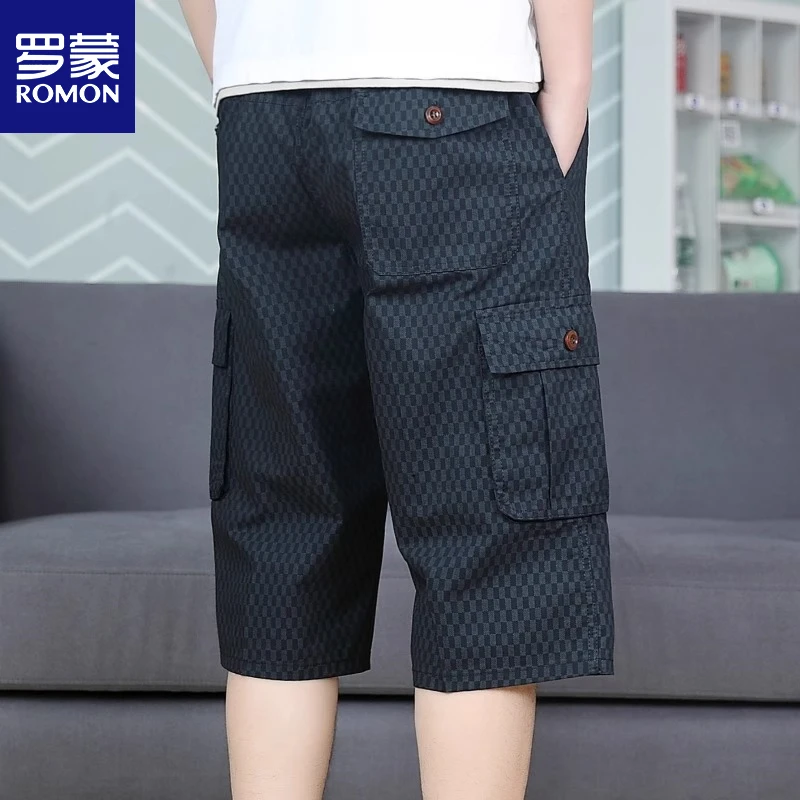 罗蒙黑色小格子多口袋纯棉七分裤男士夏季薄款大码工装休闲中短裤