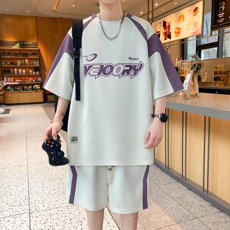 2025夏季新款青少年时尚撞色款休闲短袖套装宽松潮牌男生百搭款