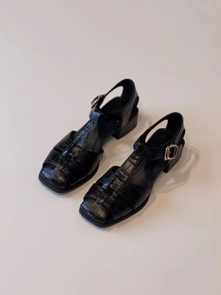 法式复古编织罗马鞋女黑色粗跟2025年爆款镂空透气夏季通勤凉鞋