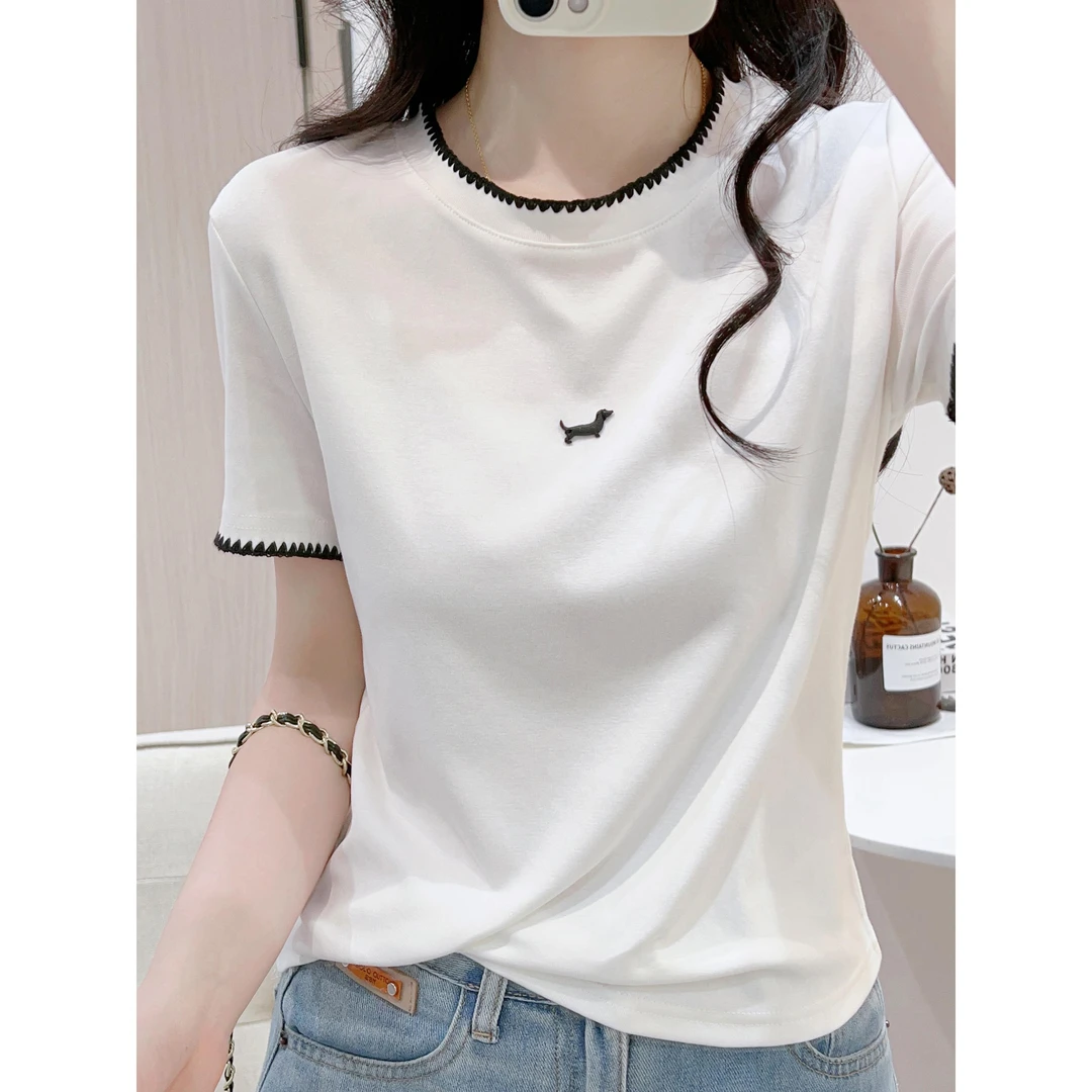 白色拼接撞色正肩短袖T恤女夏修身显瘦圆领短款简约洋气韩系上衣