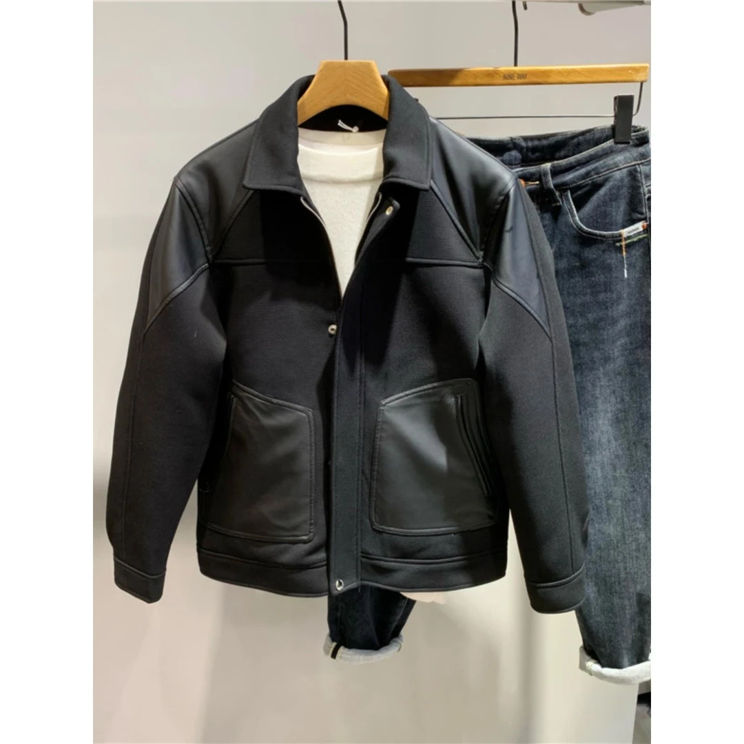 春秋季拼接皮修身外套男2025新款潮牌痞帅休闲百搭翻领工装夹克