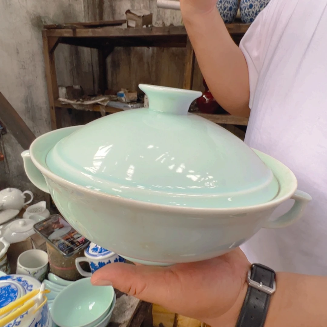 瓷片景德镇高温陶瓷影青双耳品锅