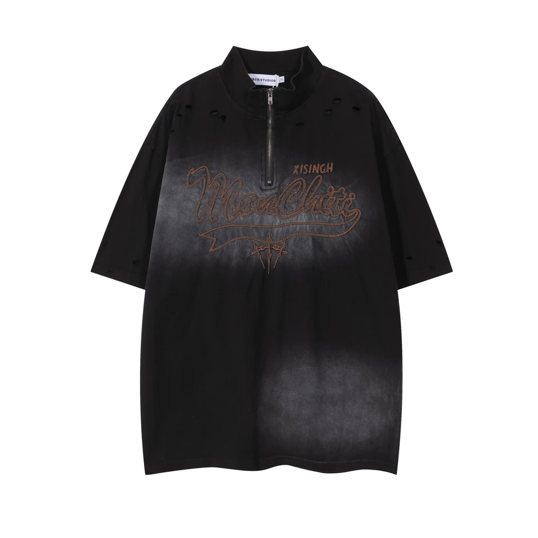 UNOTOBE 美式复古水洗破洞半拉链设计刺绣宽松男女短袖T恤夏季