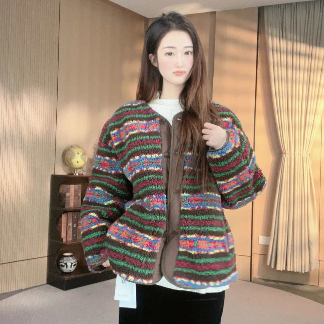 铂屋馆B56861条纹女开衫落肩袖休闲长袖短款秋冬短外套百搭冬季