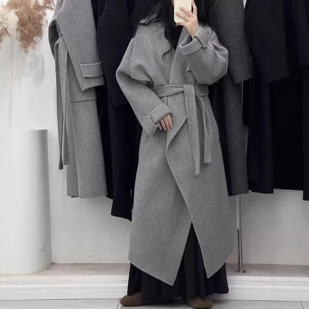 现货大翻领羊毛大衣女秋冬2025新款法式超长款轻熟修身双面呢外套