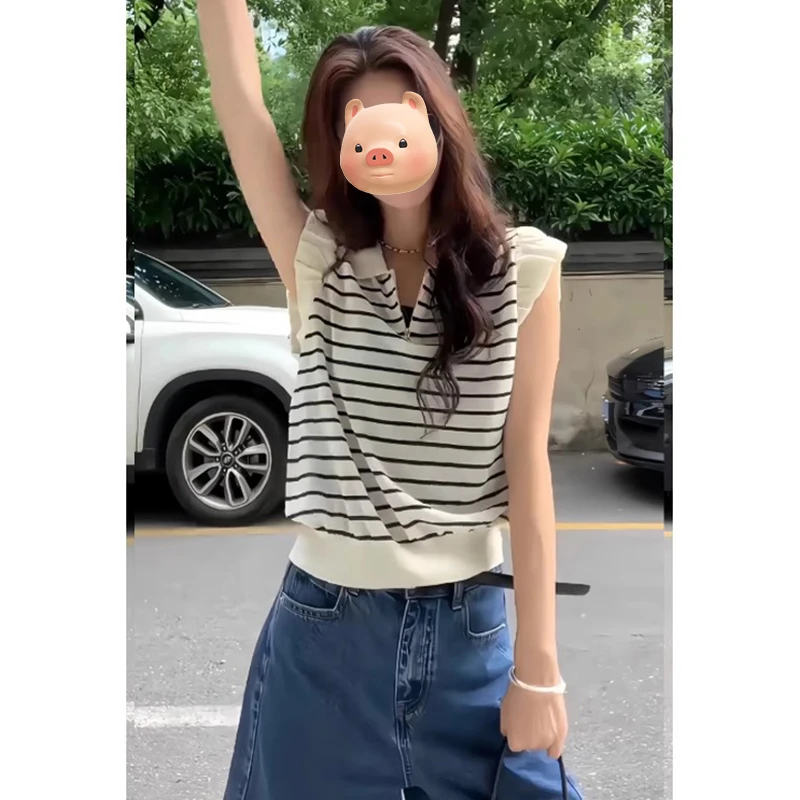 撞色条纹polo领针织无袖T恤女夏季超好看独特漂亮修身小飞袖上衣