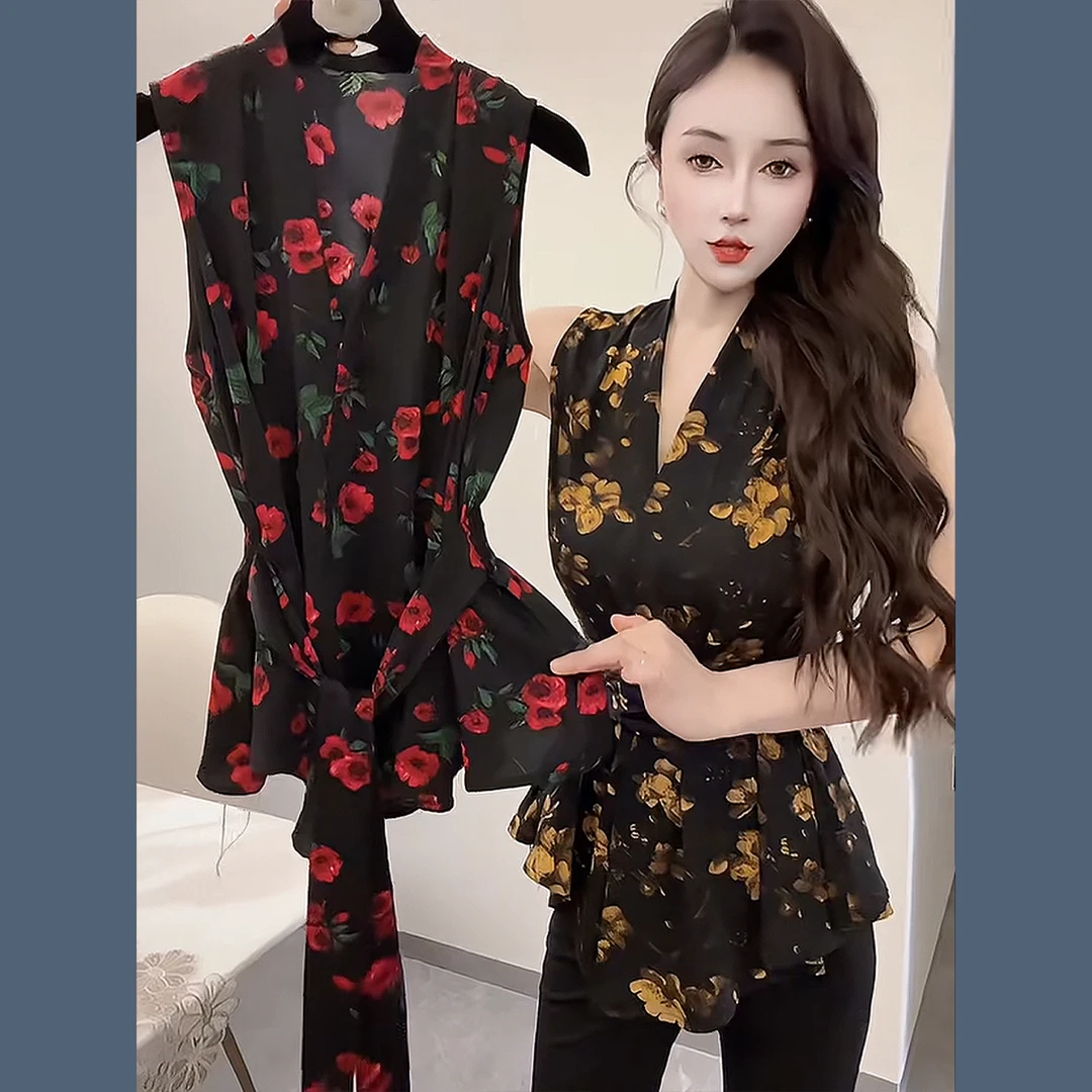 夏季纯欲风v领蝴蝶结印花系带衬衣设计感泡泡袖宽松绝美薄款上衣