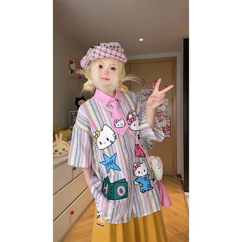 凛可爱 夏季新款复古童趣可爱卡通刺绣短袖衬衫宽松百搭条纹衬衣