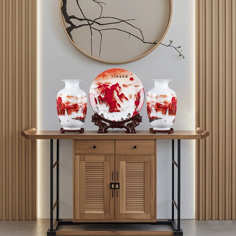 景德镇鸿运当头粉彩花瓶赏盘陶瓷器三件套客厅玄关酒柜新房摆件