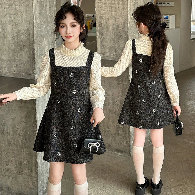 女童连衣裙春季新款时尚洋气蕾丝假两件连衣裙（价格已开）