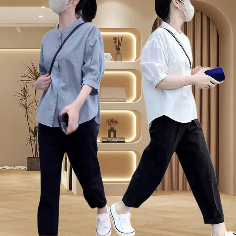 2025新款夏装小个子衬衫休闲裤套装女显瘦洋气短袖衬衣搭配一整套
