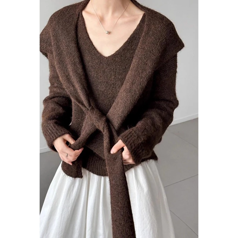 法式V领咖色套头毛衣女2025新款秋冬季加厚慵懒风披肩针织衫上衣