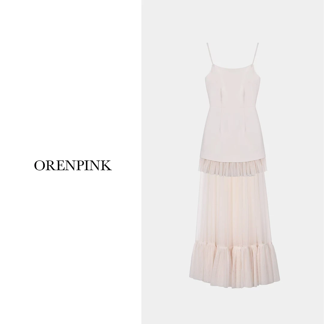 OREN PINK/奥粉25年新款早春款法式U领时尚设计感女装吊带连衣裙