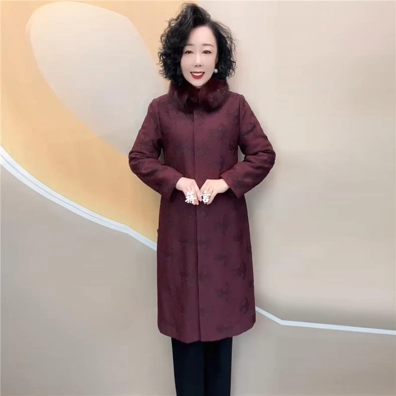冬季新款中老年妈妈高端洋气狐狸毛领妈妈加厚保暖外套中长款棉服