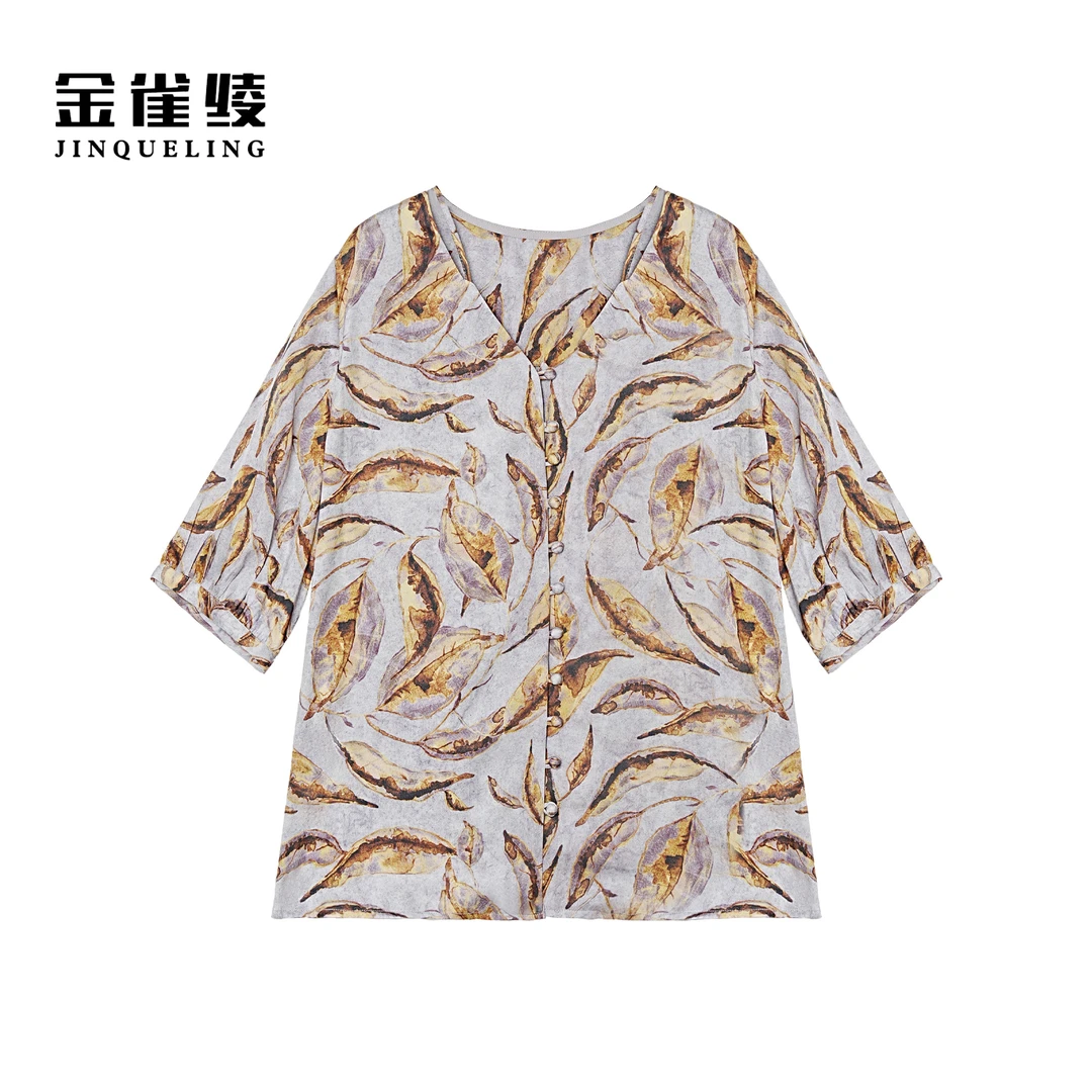 金雀绫【金叶子】桑蚕丝V领透气轻奢款大码女装小衫SZA1S258