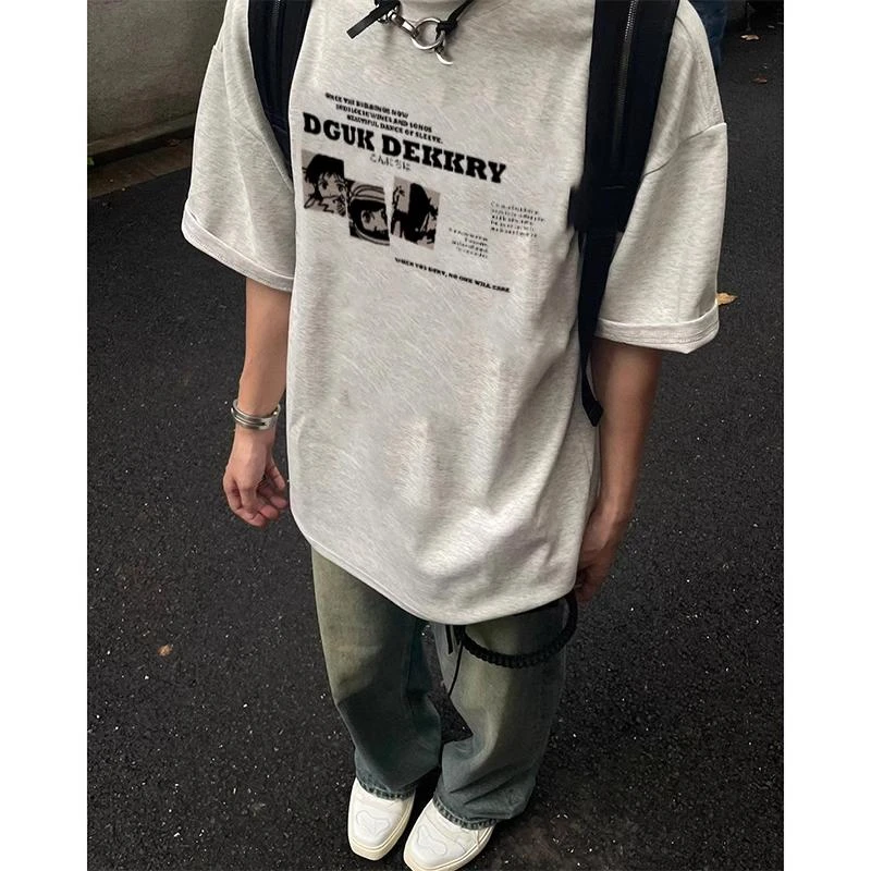 美式潮牌动漫字母印花短袖T恤男夏季设计感百搭宽松重磅棉纯上衣