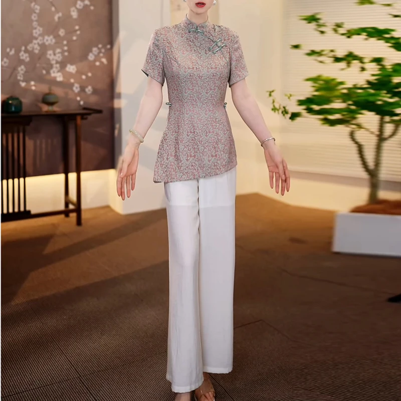 高级复古气质新中式花色两件套2025年夏季新款上衣裤子修身套装女