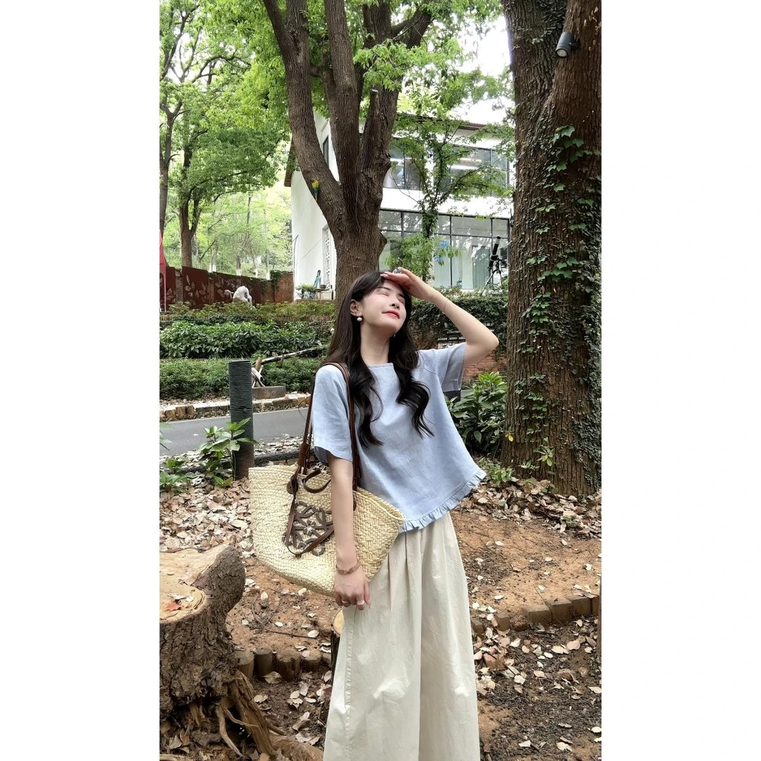 P0194-“舒适区亚麻系列”木耳边亚麻短袖衬衫女25夏韩系气质小衫女