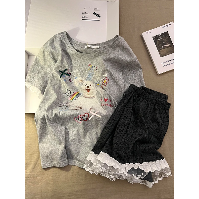 【欢快小狗】韩系甜美清纯睡衣女夏季新款短袖短裤家居服套装可外穿