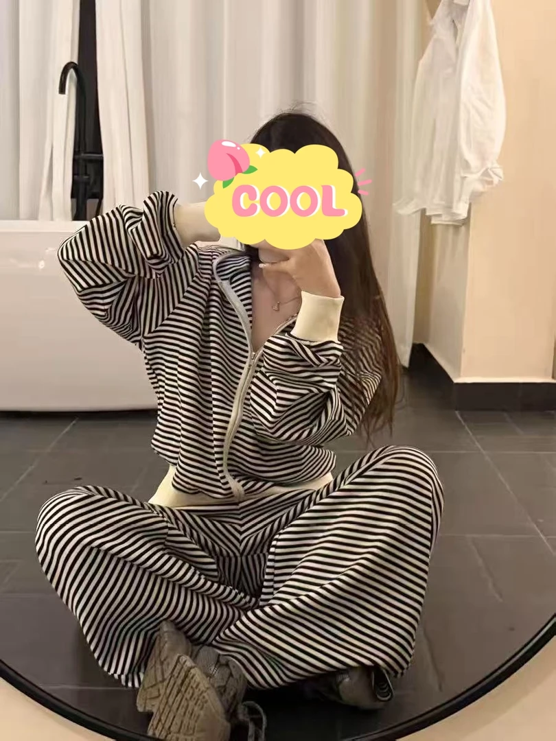 大码慵懒风休闲运动风条纹外套阔腿长裤两件套9075#