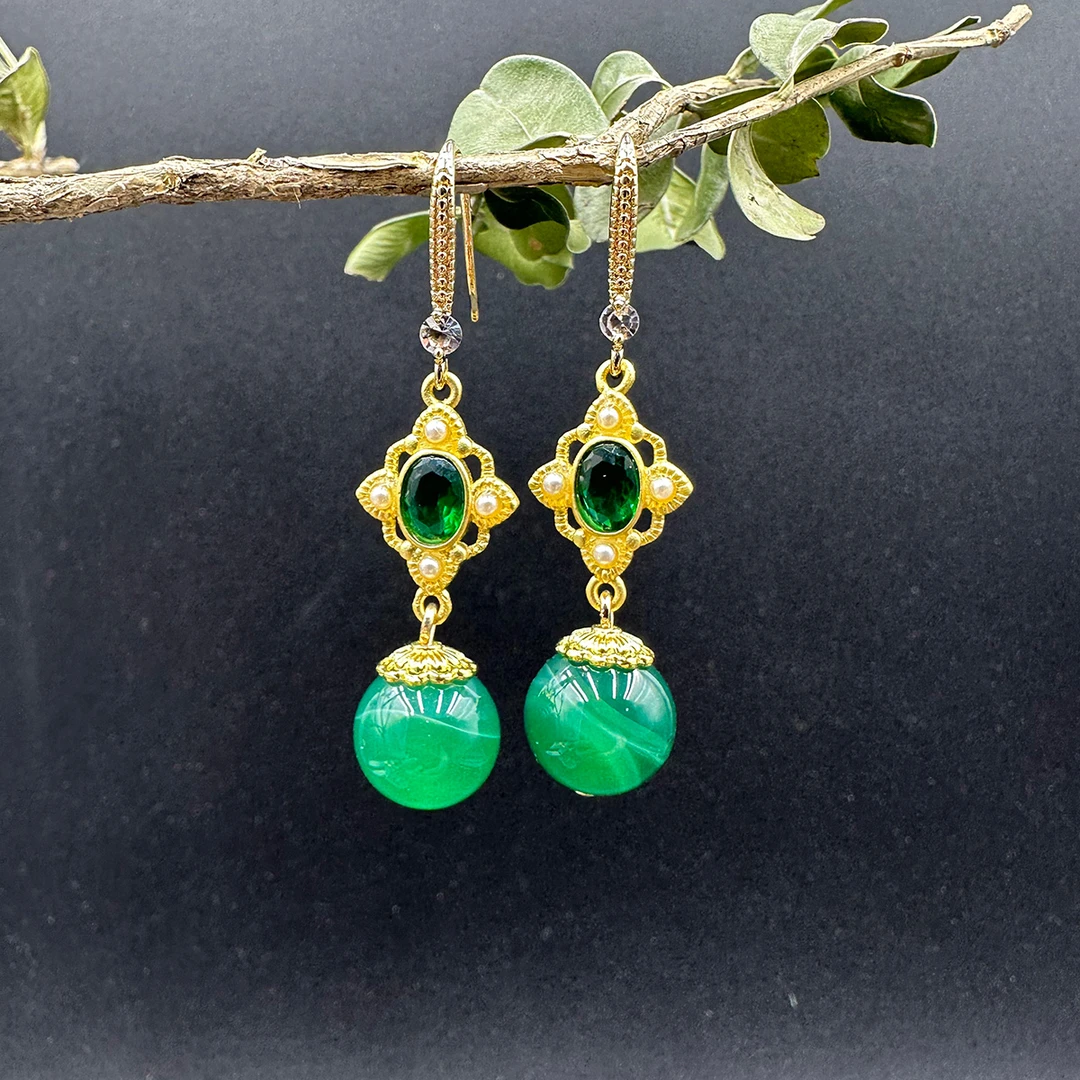 天然绿玛瑙耳环12mm精美小珠耳坠A100绿色系合金玉髓耳饰