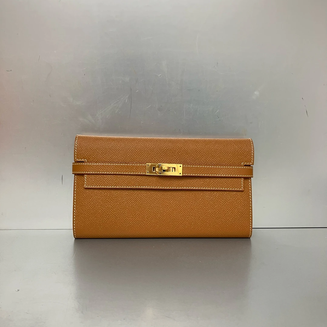 99新 Hermes/爱马仕 爱马仕 kelly金棕色小牛皮钱包 98新