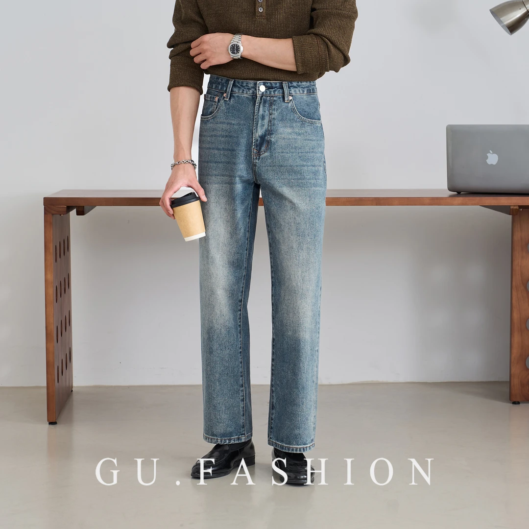 GU FASHION复古水洗蓝渐变猫须马骝牛仔裤做旧直筒百搭休闲长裤男