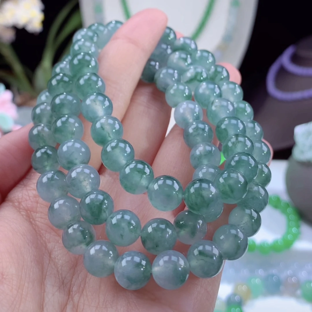 新品收藏级缅甸天然翡翠A货冰飘花珠链卡9mm68颗