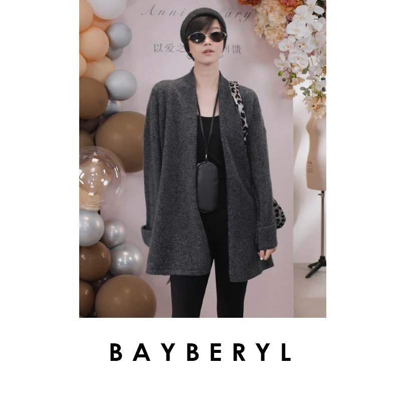 BAYBERYL老贝浴袍式花灰慵懒系带羊绒秋针织开衫9ZZS5H1642-8/17
