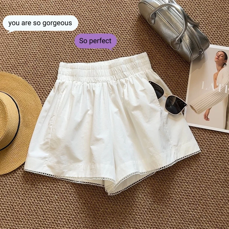 松紧高腰薄花边A字蓬蓬阔腿花苞短裤女2025夏季新款宽松显瘦休闲