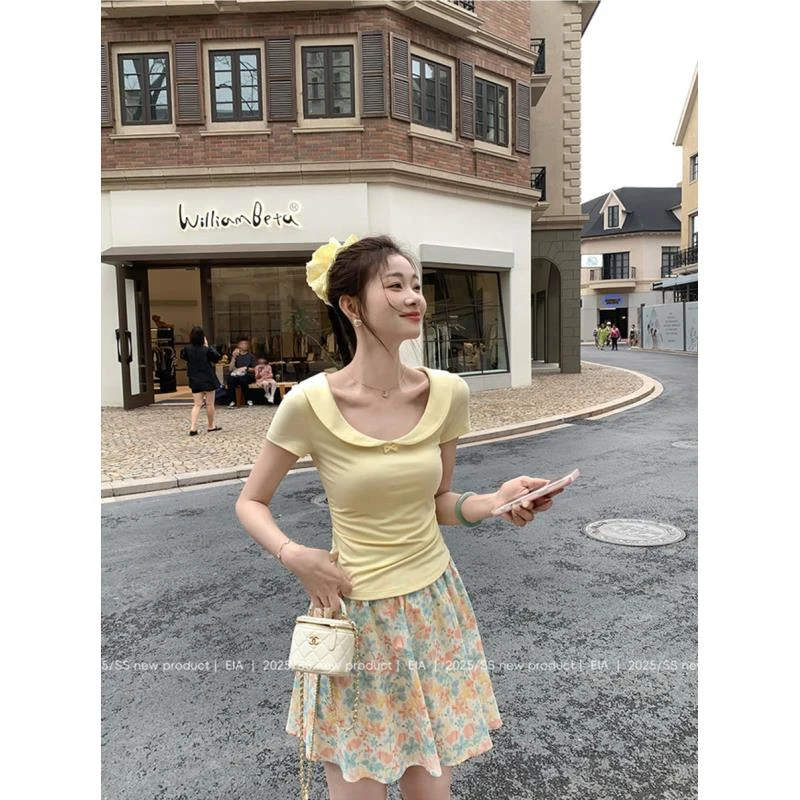 【现货】胖mm夏季蝴蝶结洋气短袖温柔优雅气质收腰显瘦休闲T恤05024