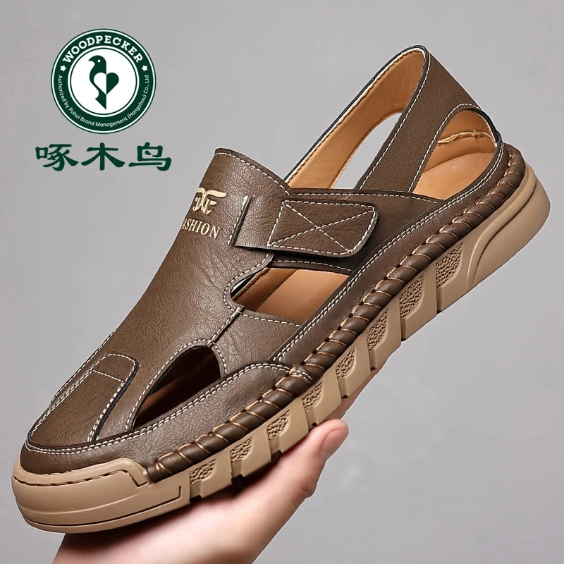 啄木鸟夏季新款皮凉鞋男镂空透气洞洞鞋男外穿软底休闲凉皮鞋男潮
