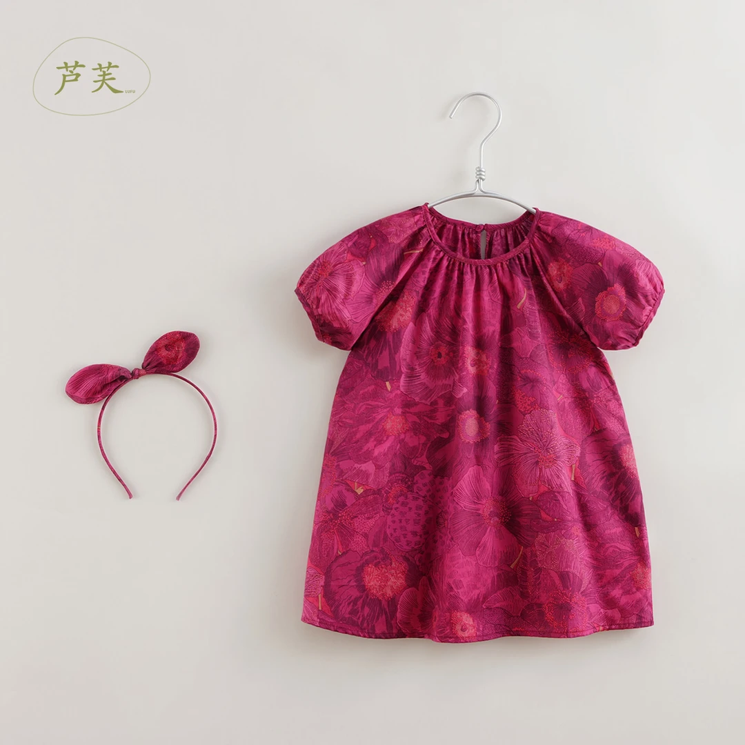 【马克珍妮 法式】女童连衣裙牡丹印花夏季 儿童泡泡袖裙子250007