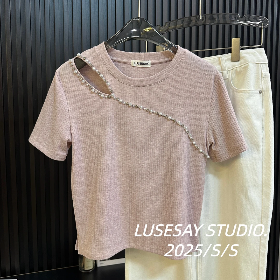 LUSESAY 设计感开叉拼接钉珠2025新款短袖t恤女显瘦上衣