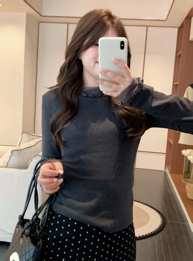 漫姐的店【淑女标配】韩系显瘦温柔花边拼接打底衫磨毛T恤