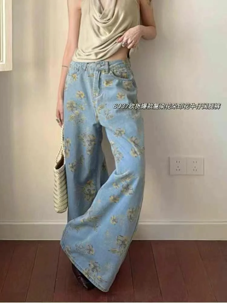 夏款薄料休闲裤女款复古蓝色印花阔腿牛仔裤