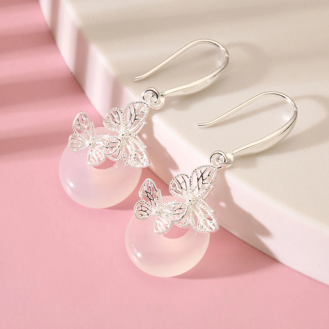 足银耳饰 足银花丝蝴蝶平安扣耳环