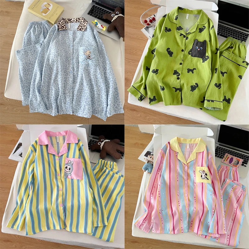 【春秋云朵细沙绵多款】长袖可爱卡通小喵睡衣女孩春秋季学生家居服