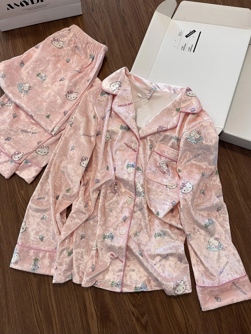 韩系金丝绒可爱Kitty猫印花睡衣女秋冬长袖长裤家居服套装可外穿