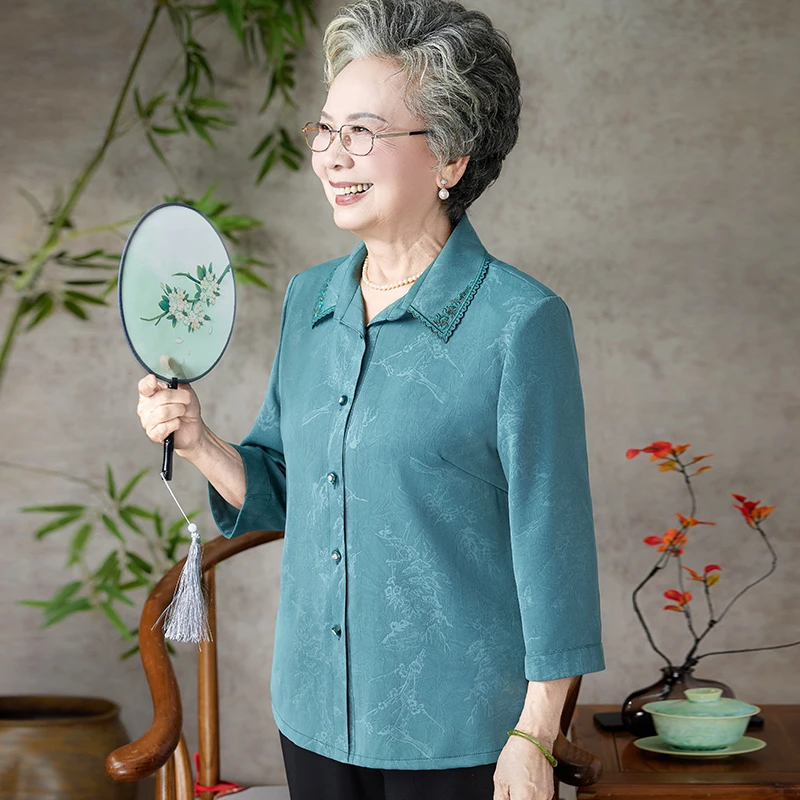 奶奶夏装衬衫洋气时尚套装老年人女春装上衣妈妈衬衣老人太太衣服