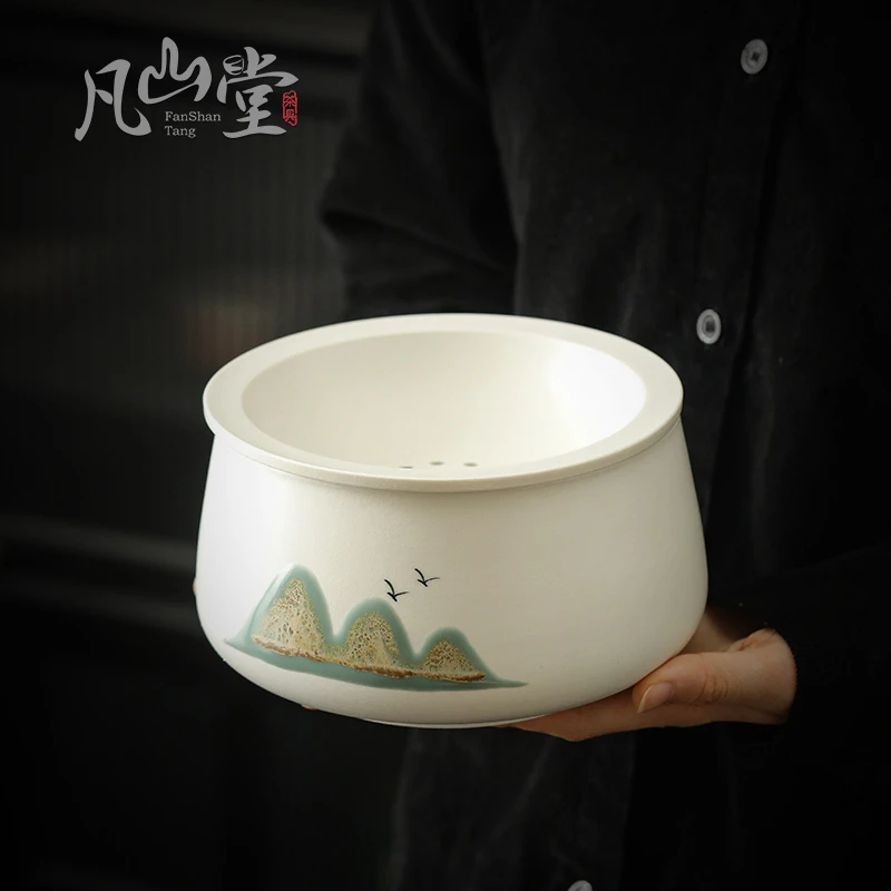 凡山堂茶洗建水带盖茶渣桶家用禅意复古陶瓷茶盂水盂茶渣缸零配