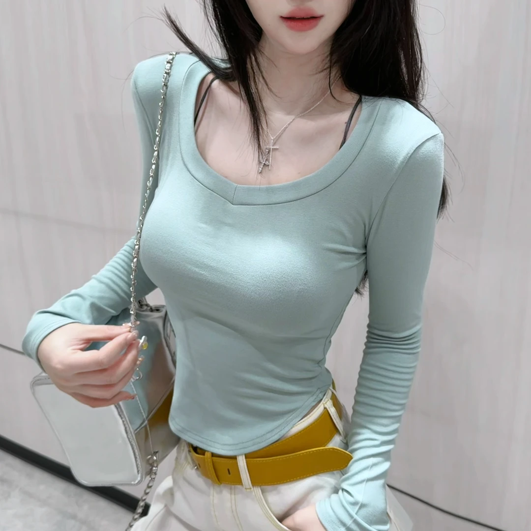2025春季桃心领爱心领纯欲打底衫长袖T恤修身显瘦辣妹上衣休闲