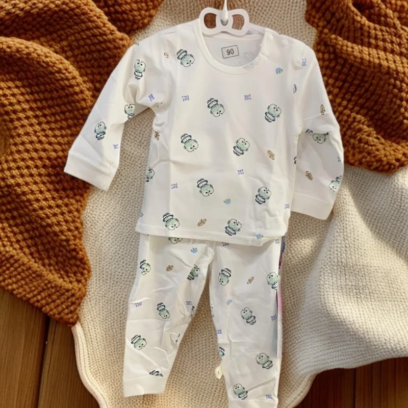 婴儿秋衣秋裤套装春秋冬男女宝宝长袖高腰护肚内衣家居服套头肩扣