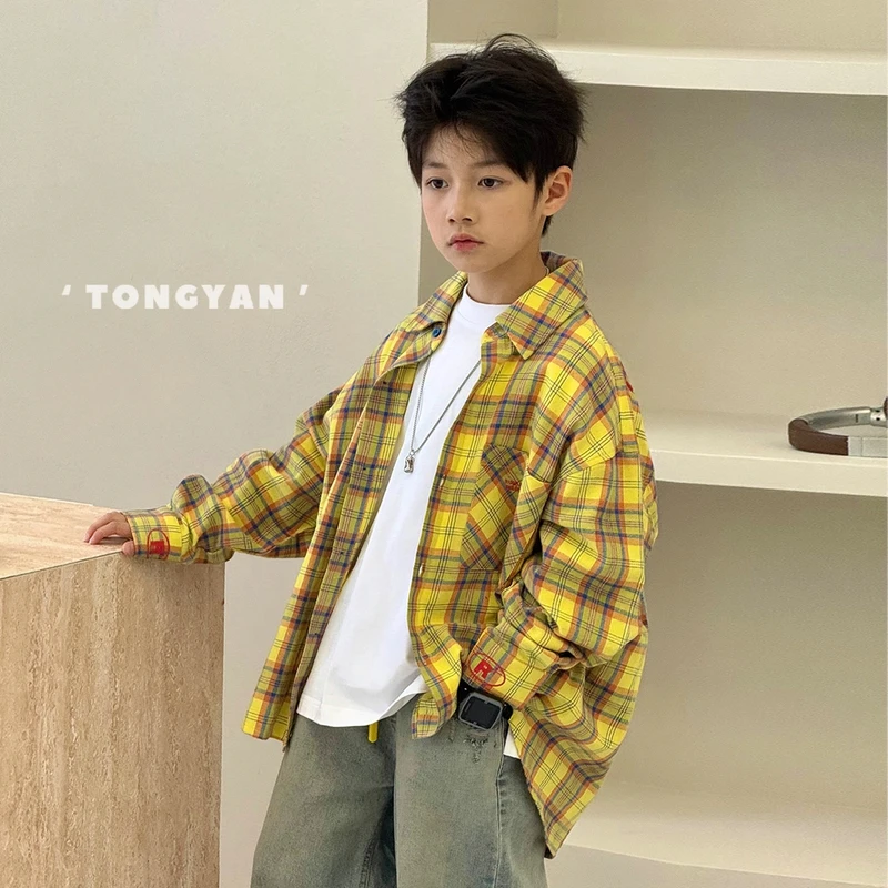 男童长袖衬衫2025春装新款中大童韩系黄格子衬衣儿童外套