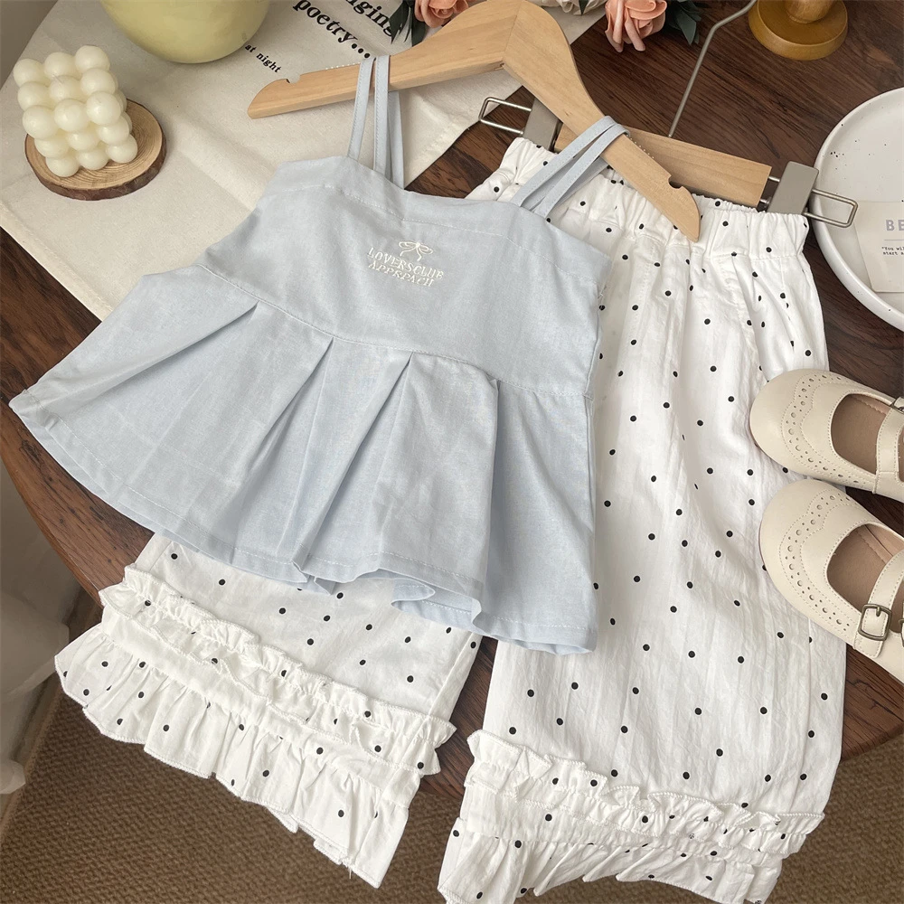 2025夏季韩系童装女童蓝色蝴蝶结套装儿童洋气夏刺绣吊带衫娃娃衫